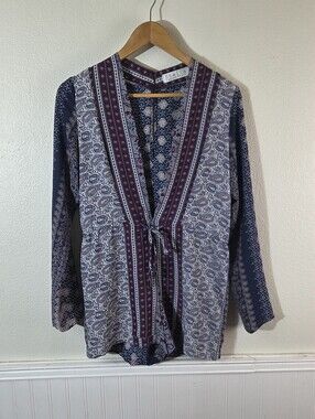 Stella Laguna Beach Boho Paisley Romper Womens Medium Blue Purple Long Sleeve